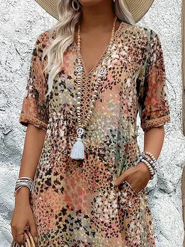 Kimano - Short Sleeve Mid-Calf Printed Dress