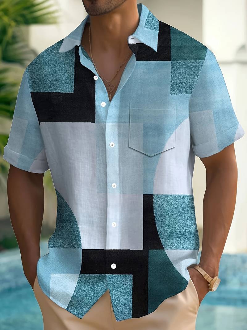 Boucher - Vintage Geometric Print Short Sleeve Shirt With Button