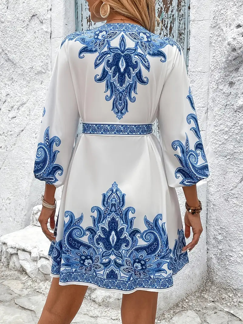 Gwenda - Paisley Print A-line V-Neck Dress
