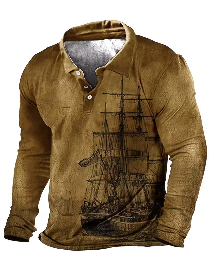 Giles - Stylish 3D Sailboat Print Lapel Shirt