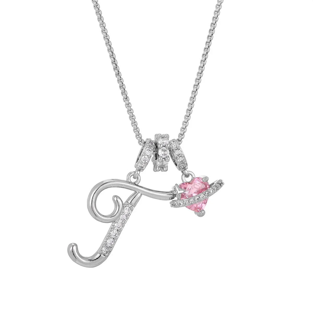 Nerute - Initial Letter Necklace With Pink Heart Charm