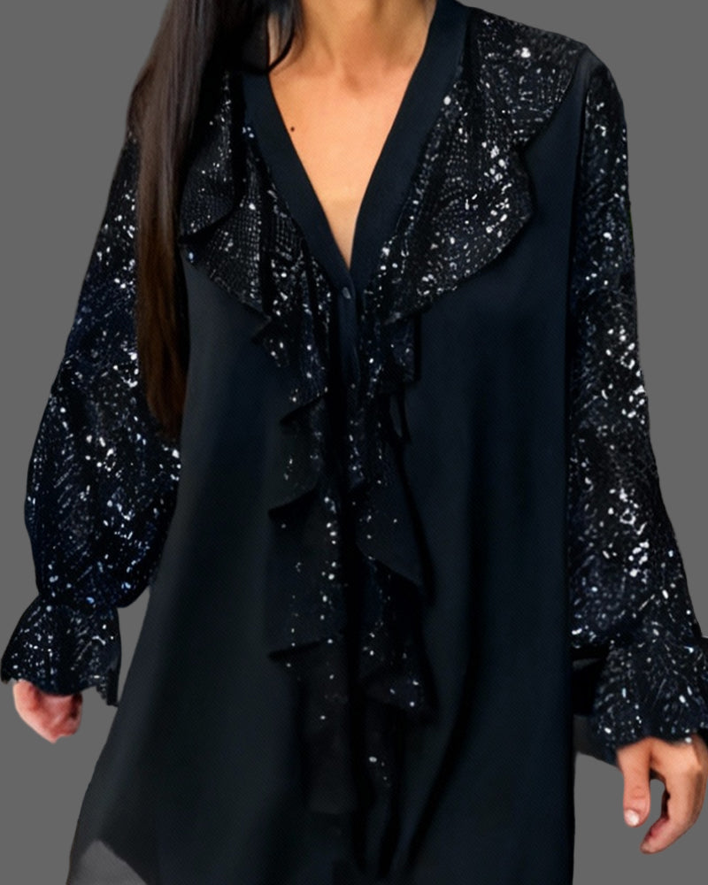 Moxie  - Ruffle Sparkly Sequin Blouse with V-Neck