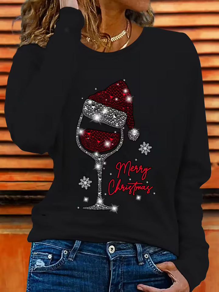 Doreah - Christmas Wine Glass & Santa Hat Print Sweater
