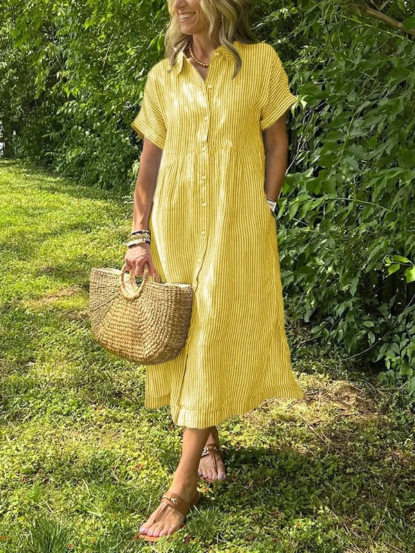 Alory - Comfortable Button Down Striped Midi Dress