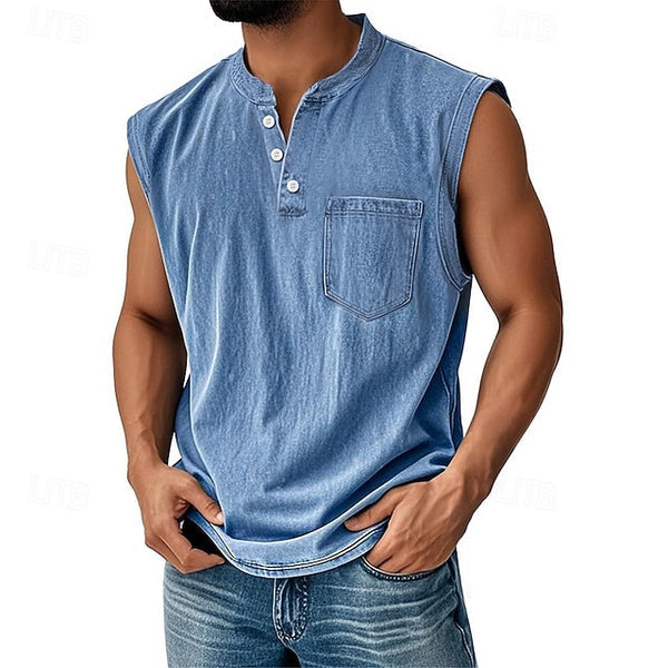 Latrell - Sleeveless Henley Tank With Pocket