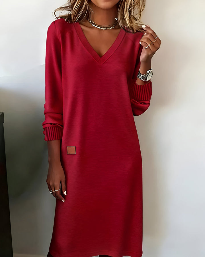 Kymari - Casual Knit Long Dress with V-Neck