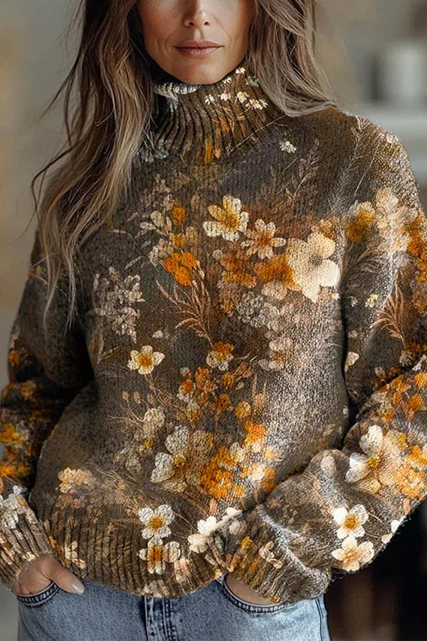 Nijole - High Neck Long Sleeved Floral Sweatshirt