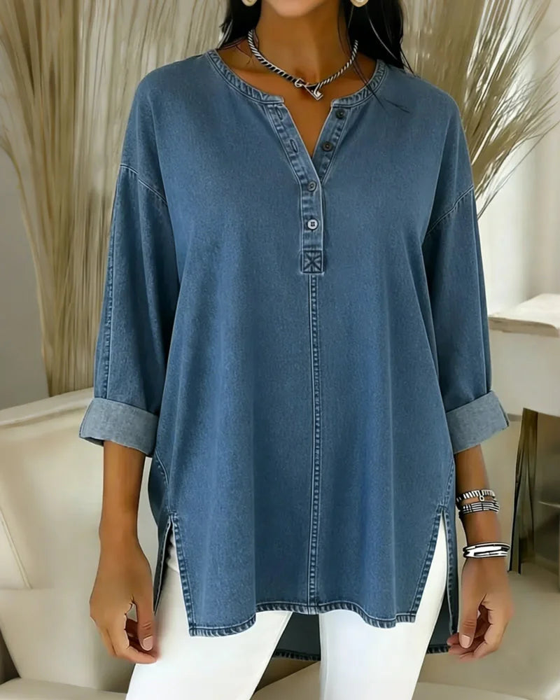 Yenara - Button-Down V-Neck Denim Top