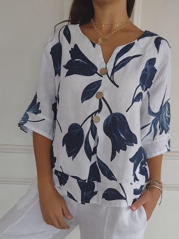 Despoina - Elegant Floral Print Top With Buttons