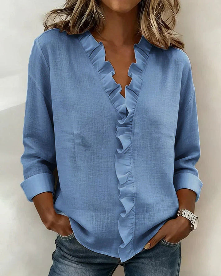Pabasari - Stylish V-neck Blouse With Delicate Ruffles