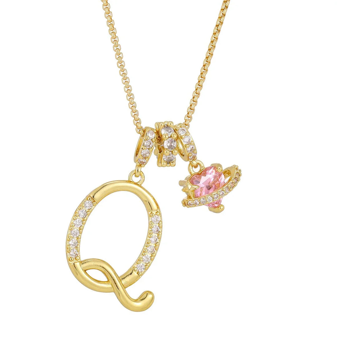 Nerute - Initial Letter Necklace With Pink Heart Charm
