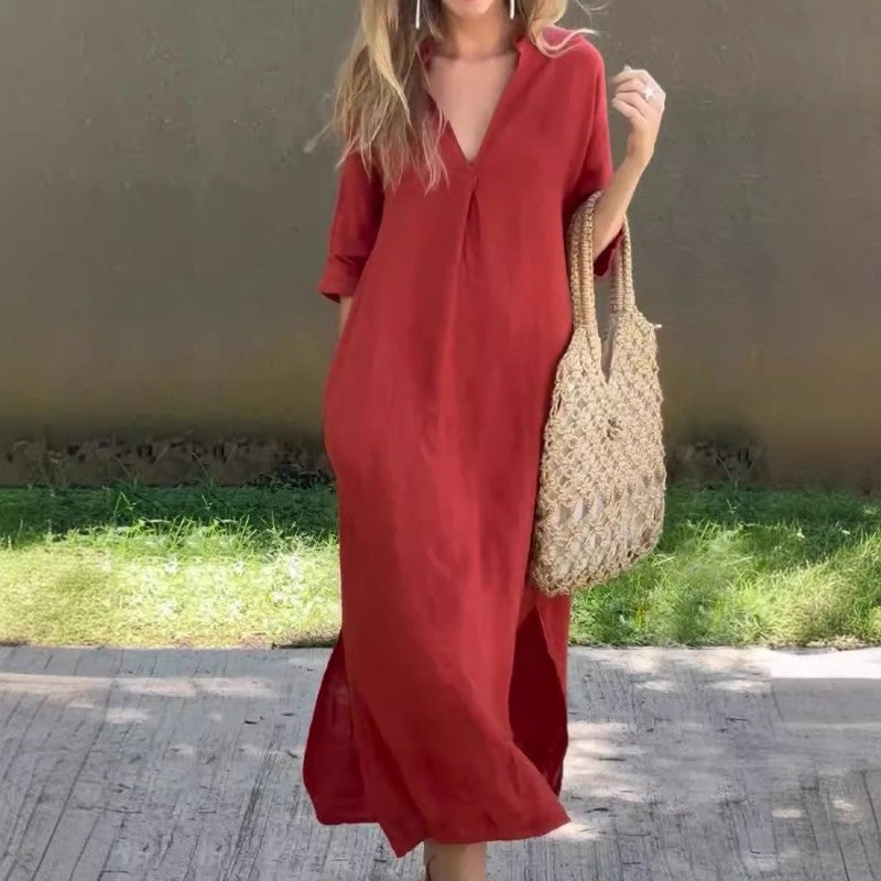 Fionja - Linen Casual Style V-Neck Dress – Morin-Ottawa