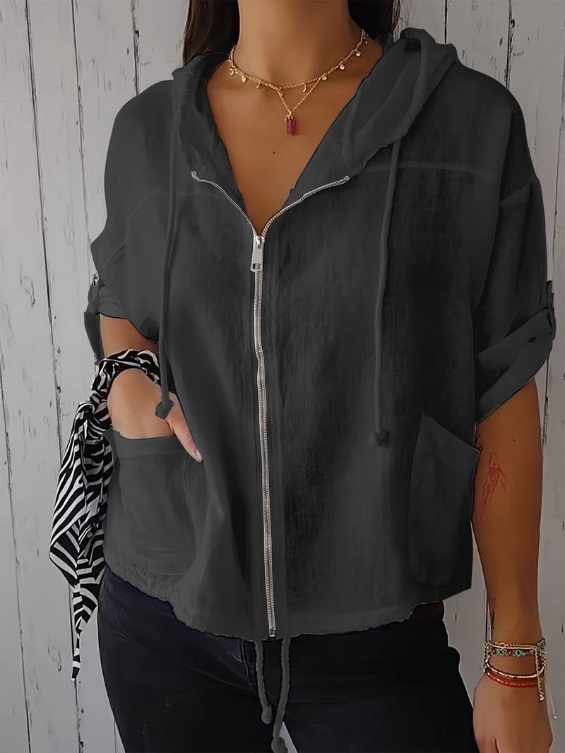 Senushi - Short Sleeve Loose Hooded With Zippered