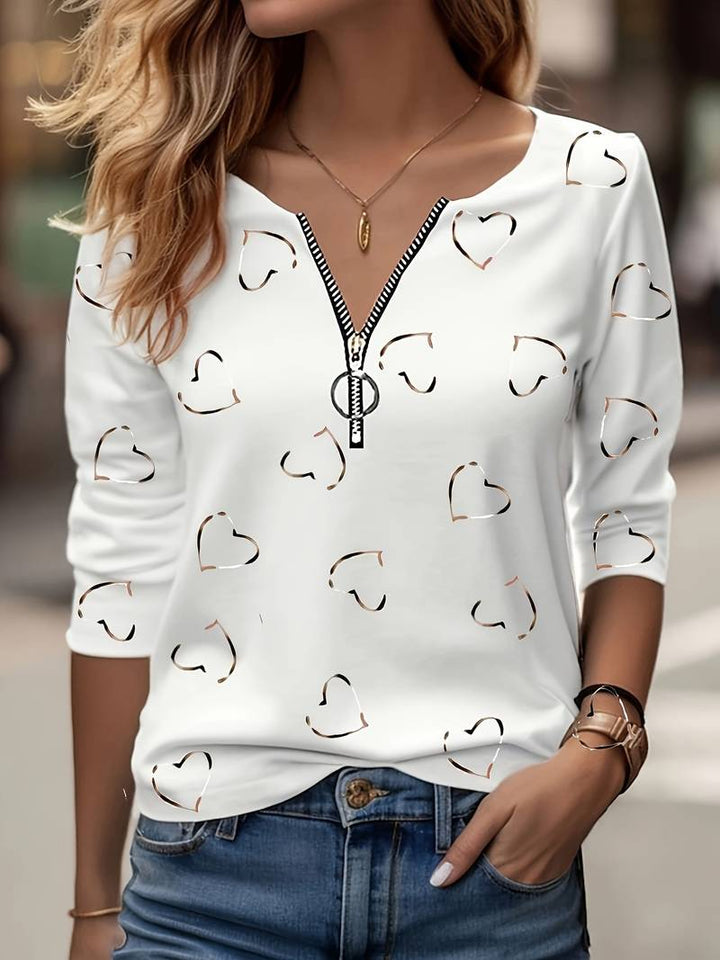 Romisha - Heart Print T-Shirt With Zipper