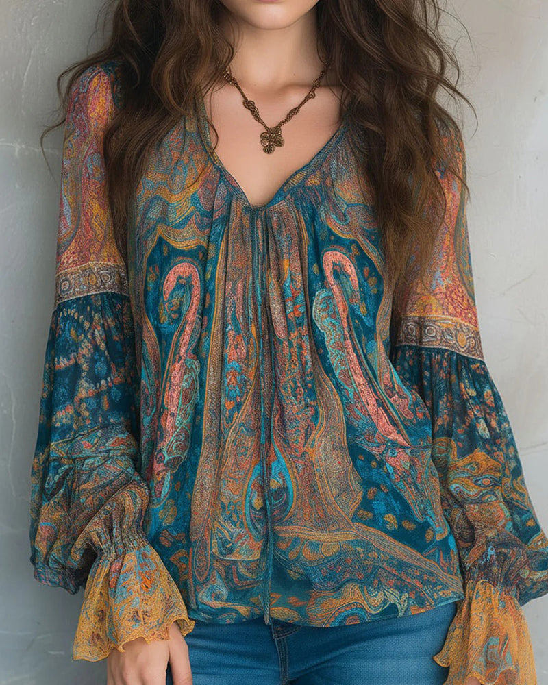 Izabella - Bohemian Style V-Neck Blouse With Flared Sleeves