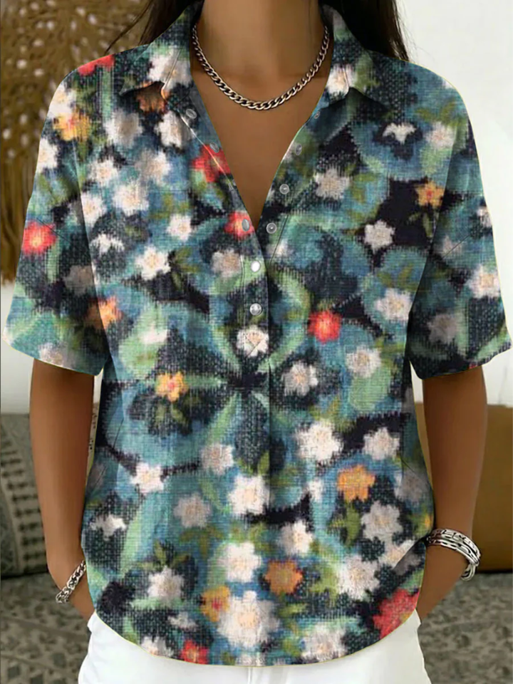Marjeta - Short Sleeve Printed Blouse With Buttons
