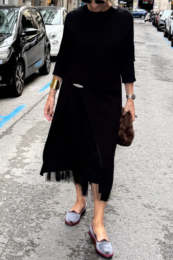 Oona - Tulle Dress With Drape And Long Knit Sweater