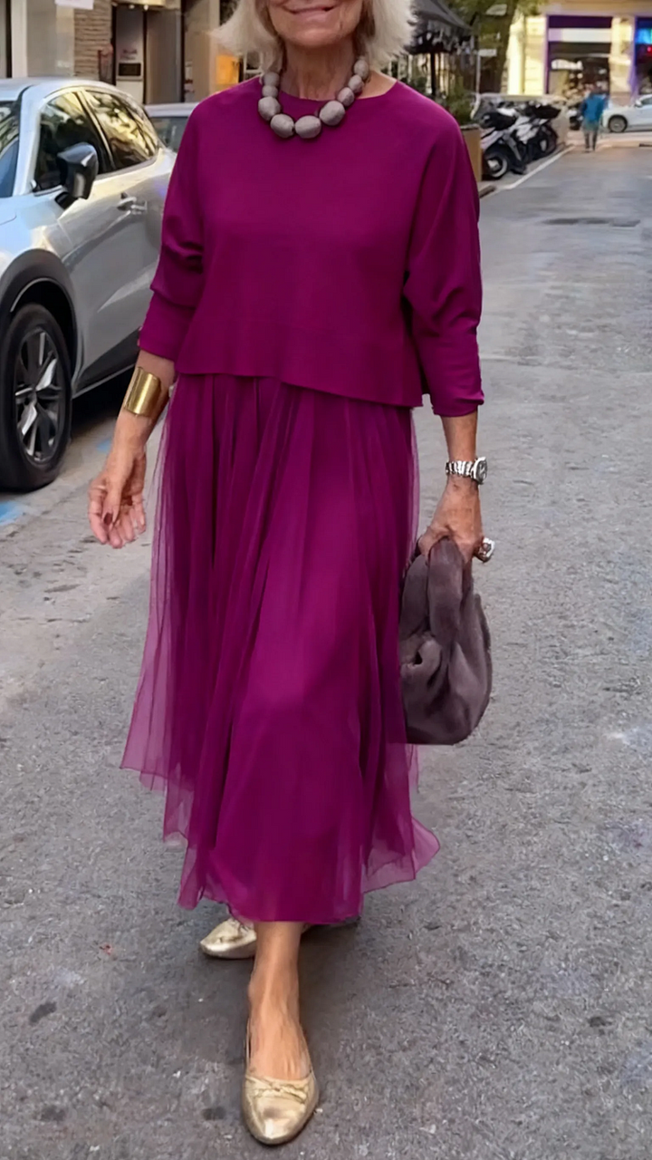 Efrata - Charming Satin Dress With Knitted Sweater