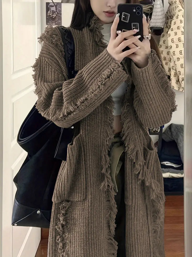 Ramziya - Elegant Long Tassel Cardigan With Pocket