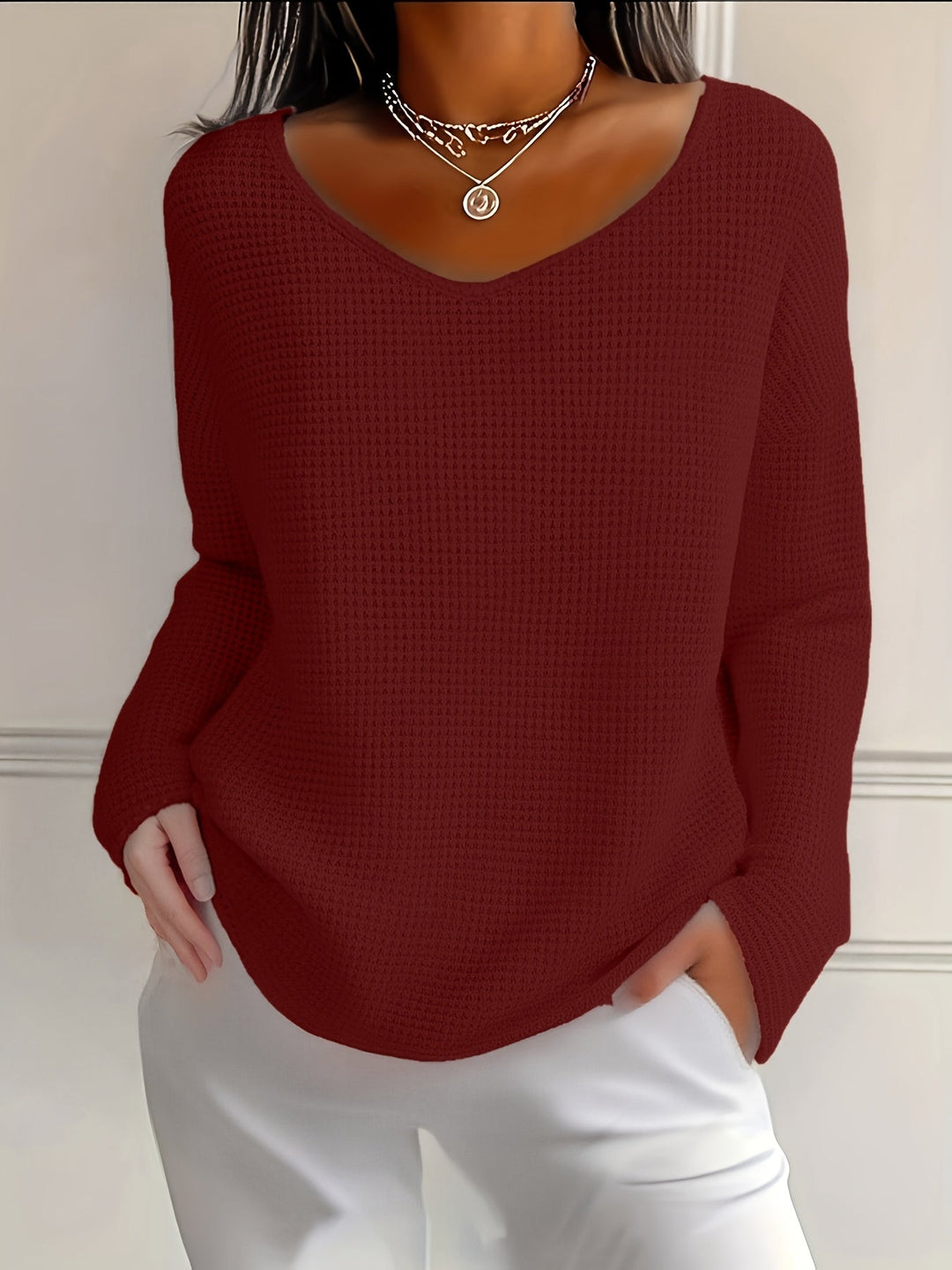 Imogurette - Waffle Long Sleeve V-Neck Shirt