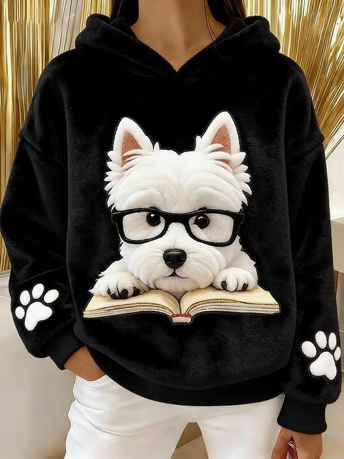 Opalana - Terrier Print Flannel Hooded Sweatshirt