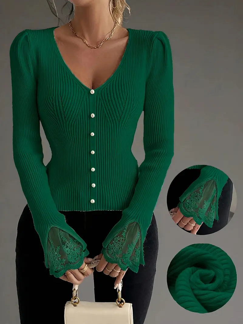 Visenna - Elegant V-Neck Sweater With Lace Sleeves