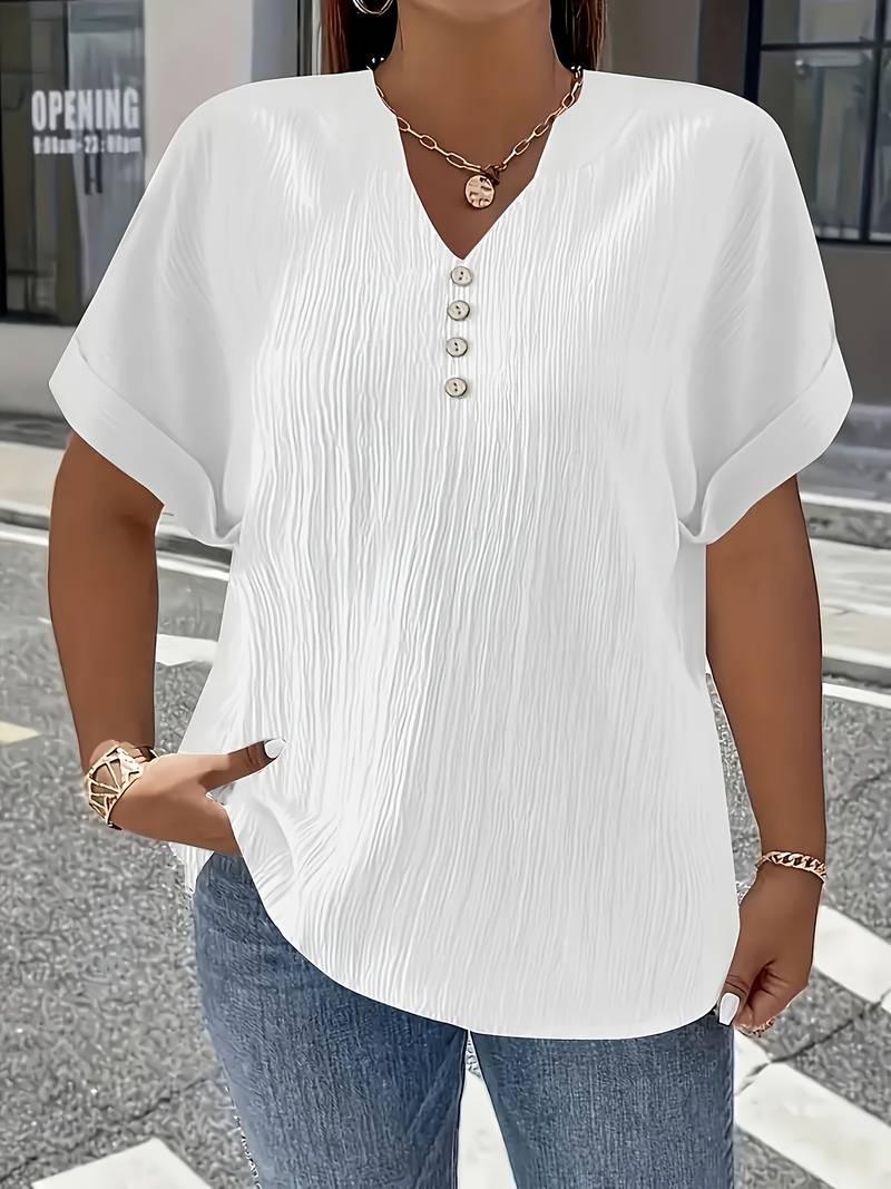 Lakmali - Textured Short Sleeve Top With V-Neck