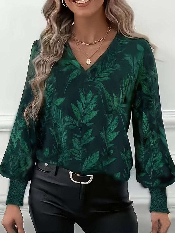 Ruchama - Elegant Long Sleeve Blouse With Leaf Print