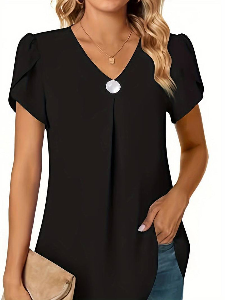 Thilakshi - Ruffle Short Sleeve Blouse With Single Button