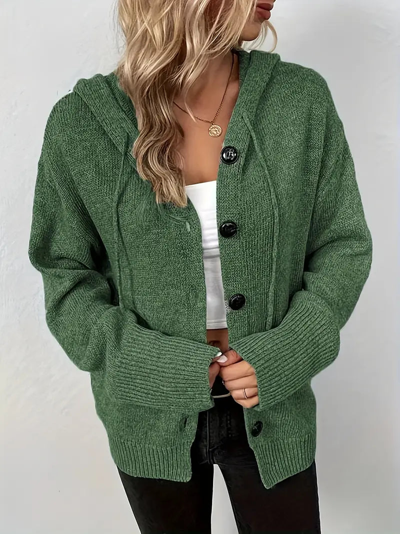 Suthida - Elegant Long Sleeve Hooded Sweater With Button