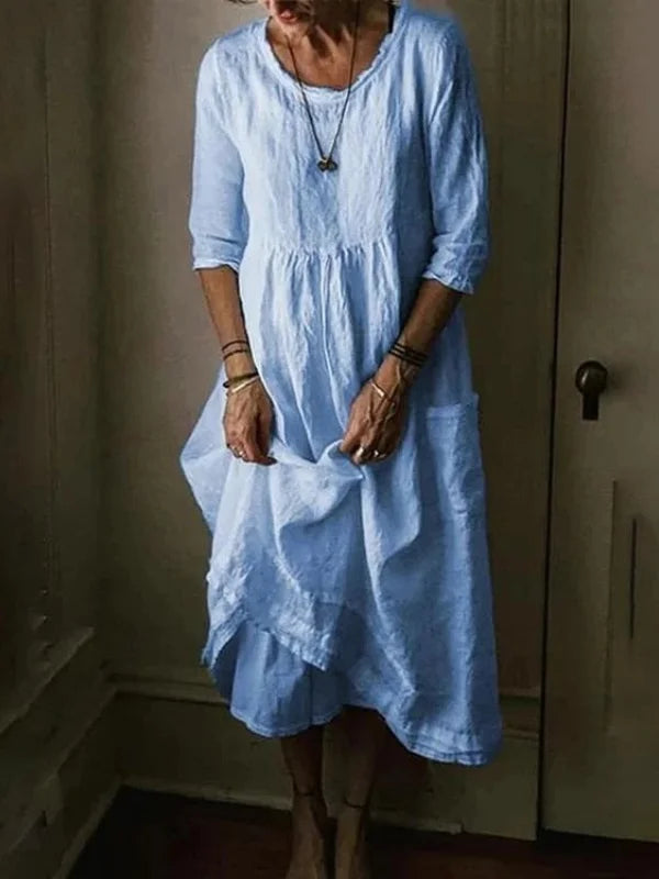 Tasoula - Elegant Linen Round Neck Dress