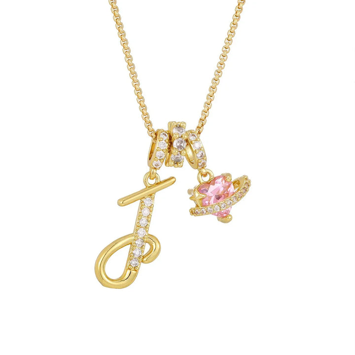 Nerute - Initial Letter Necklace With Pink Heart Charm