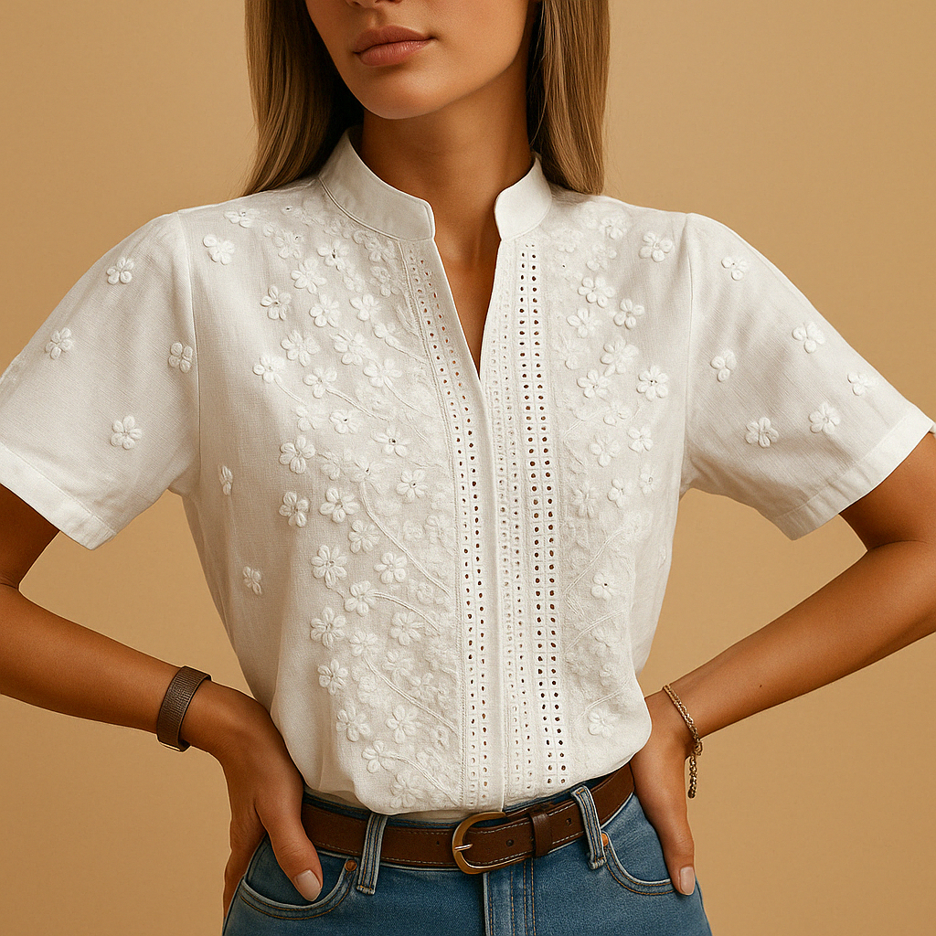 Leanaa - Trendy Blouse With Floral Embroidery