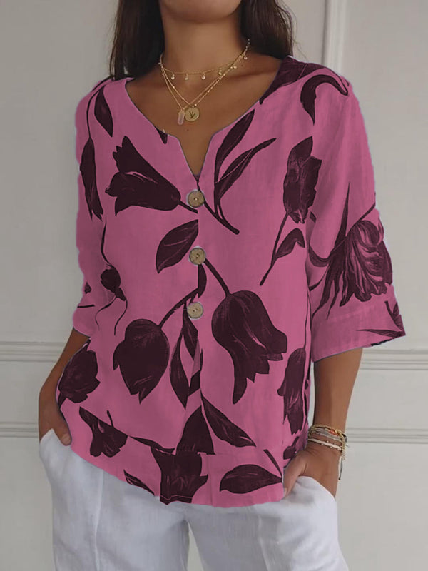 Despoina - Elegant Floral Print Top With Buttons