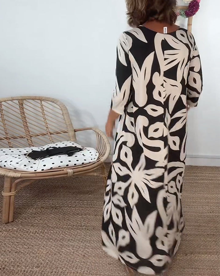 Halina - Round Neck And Long Sleeves With Print Dress