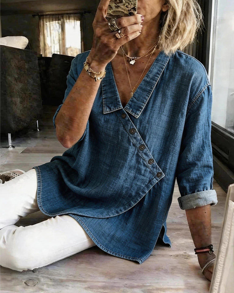 Olizia - Plain Blouse With Diagonal Button Neck