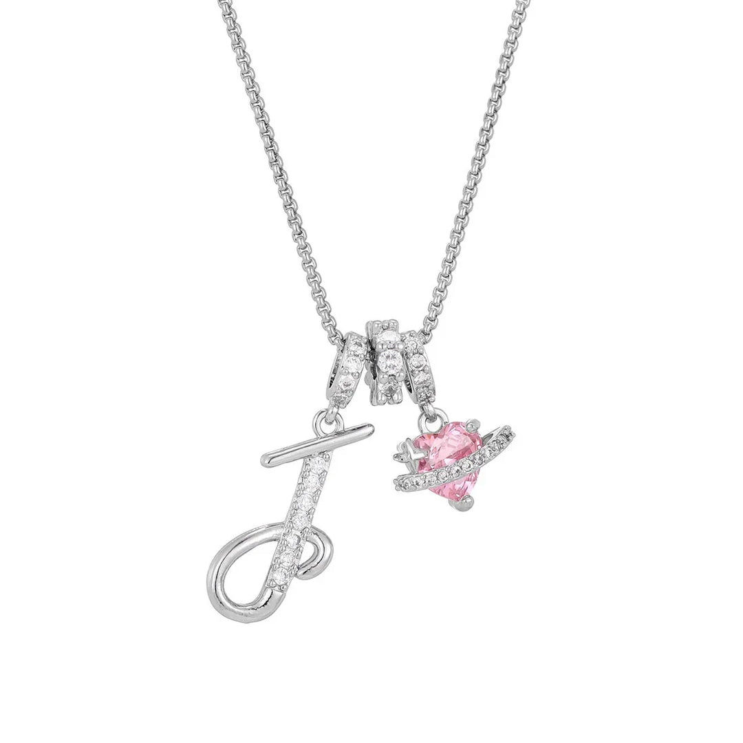 Nerute - Initial Letter Necklace With Pink Heart Charm