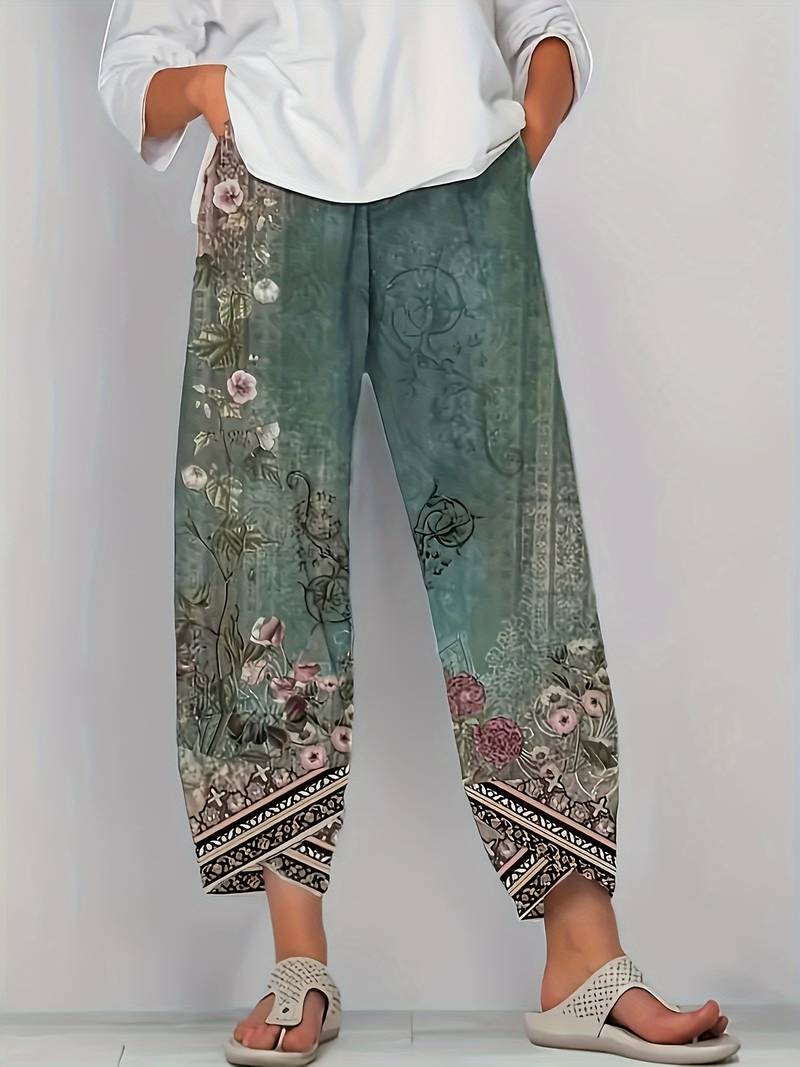 Thimasha - Vintage Floral Capri Pant With Elastic Waist