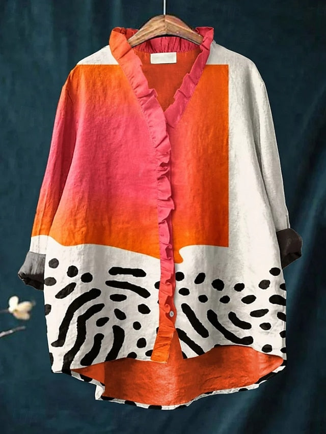 Calysta - Flowy Abstract Print Ruffle Blouse