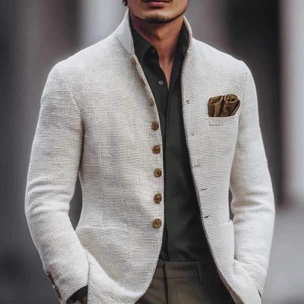 Artjom - Plain Tweed Casual Jacket With High Collar