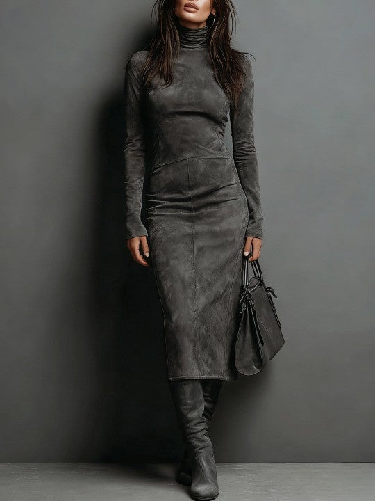 Jelina - High Neck Suede Midi Dress