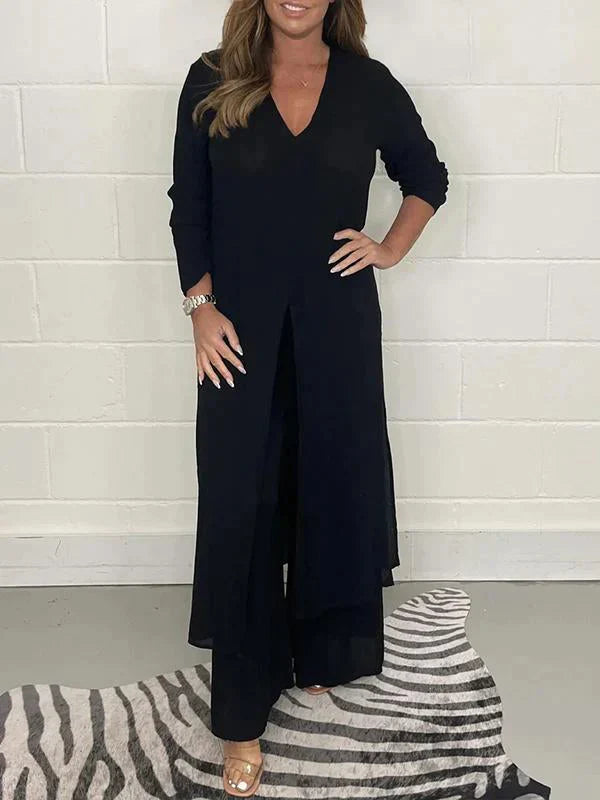 Melis - V Neck Two Piece Set with Slit