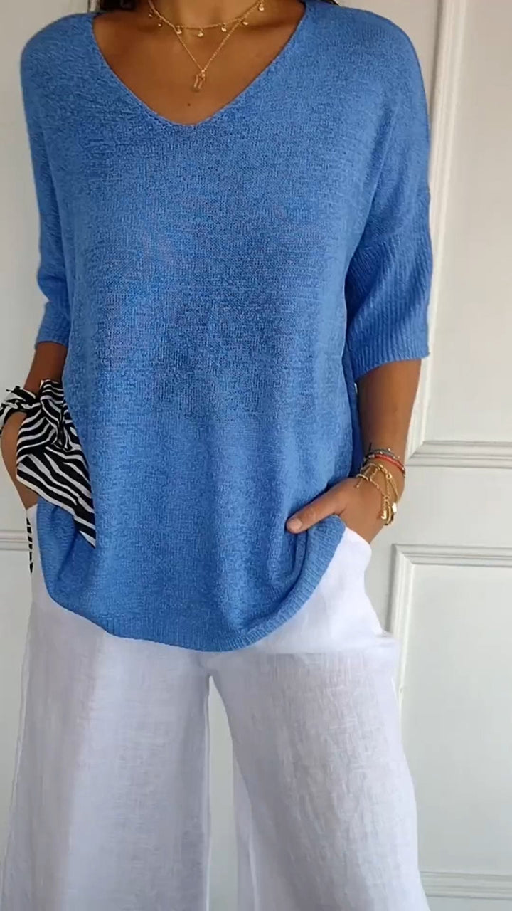 Rosal - Solid Color Knitted Top With a V-neck