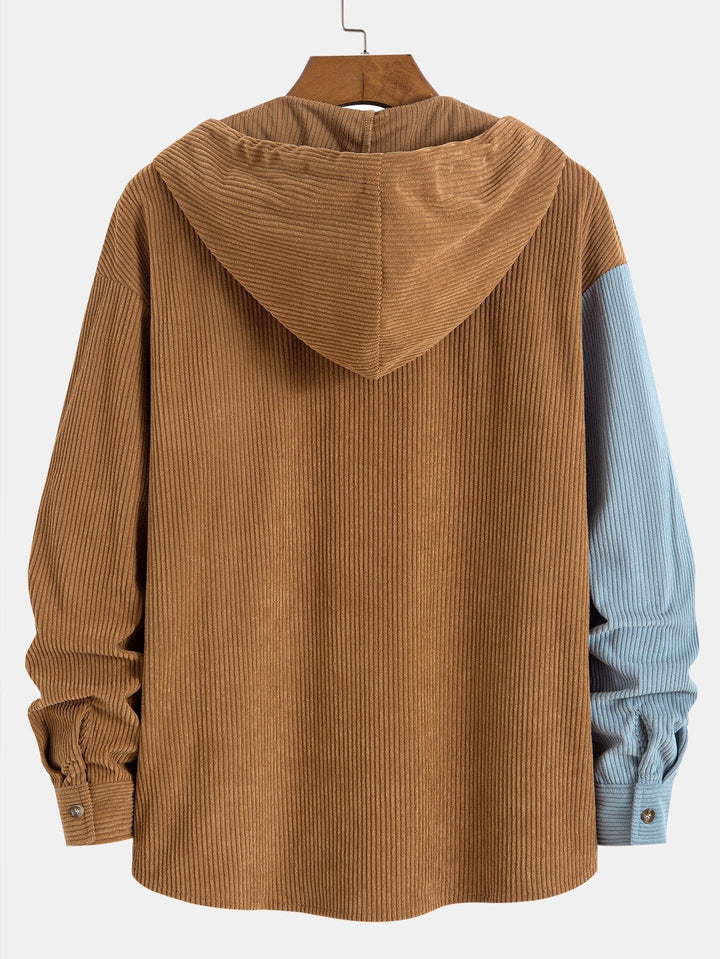 Elonzo - Colorblock Corduroy Hooded Shirt