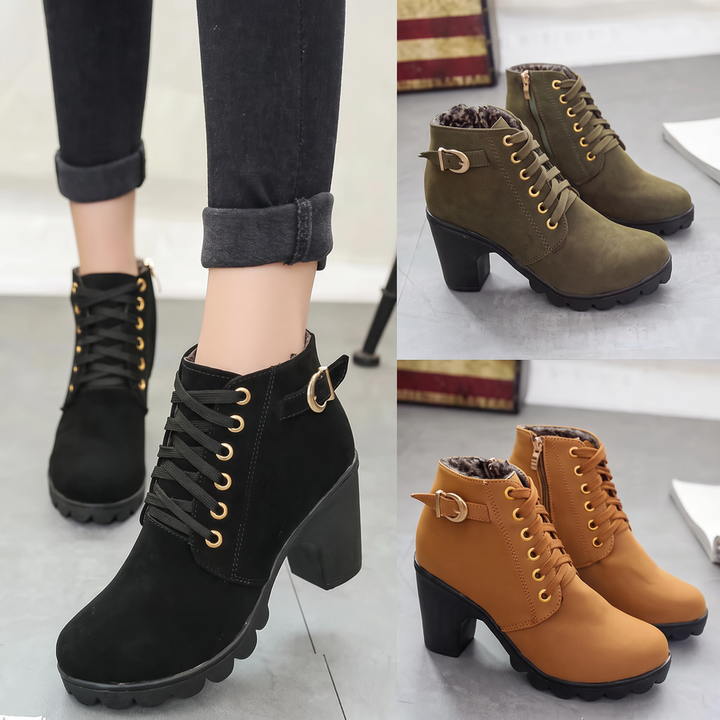 Belanova - Lace-Up Buckle Chunky Heel Ankle Boots