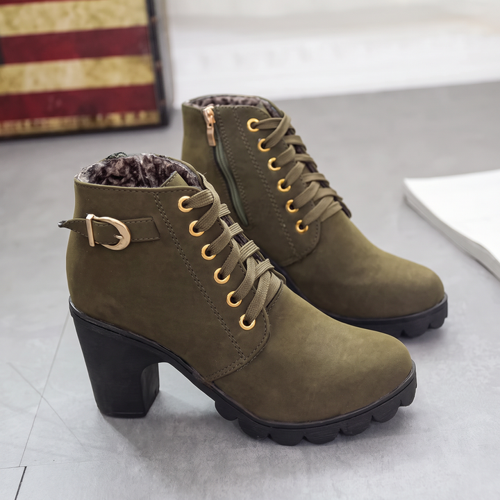 Belanova - Lace-Up Buckle Chunky Heel Ankle Boots