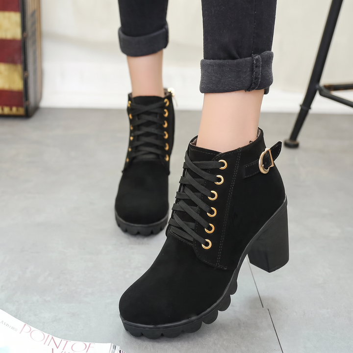 Belanova - Lace-Up Buckle Chunky Heel Ankle Boots