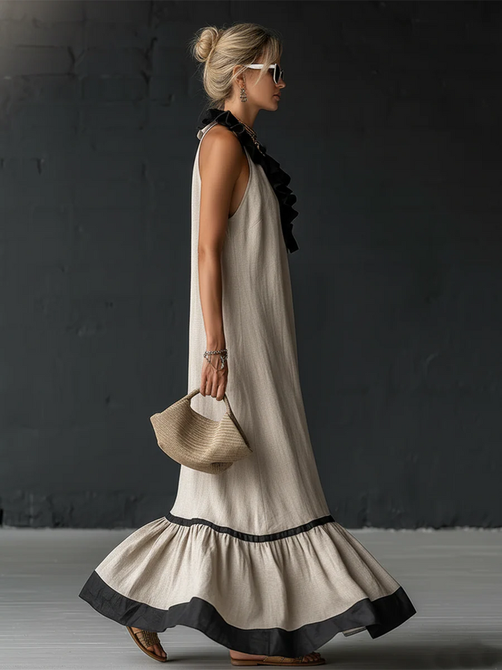 Natja - Ruffle Neck Linen Maxi Dress