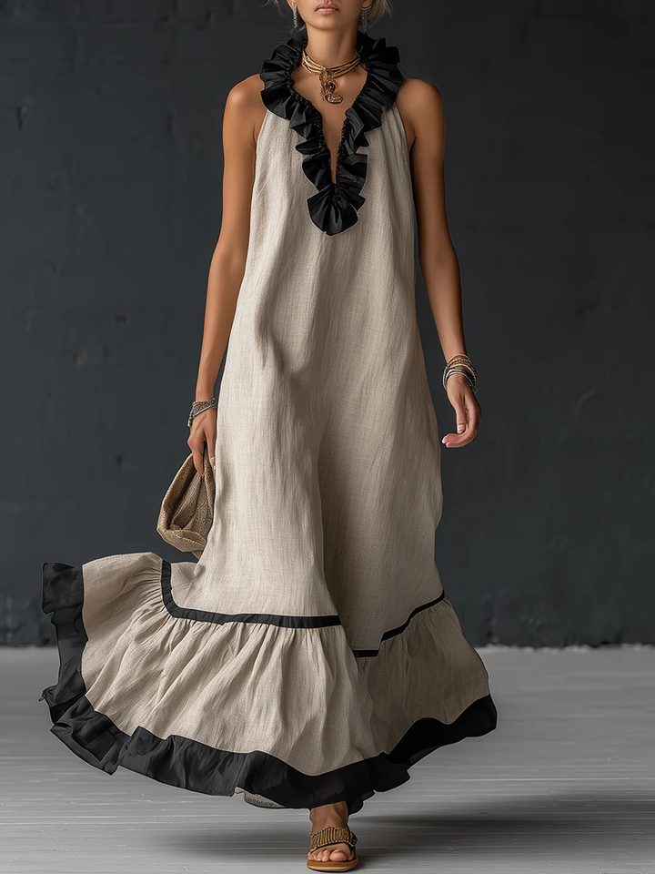 Natja - Ruffle Neck Linen Maxi Dress