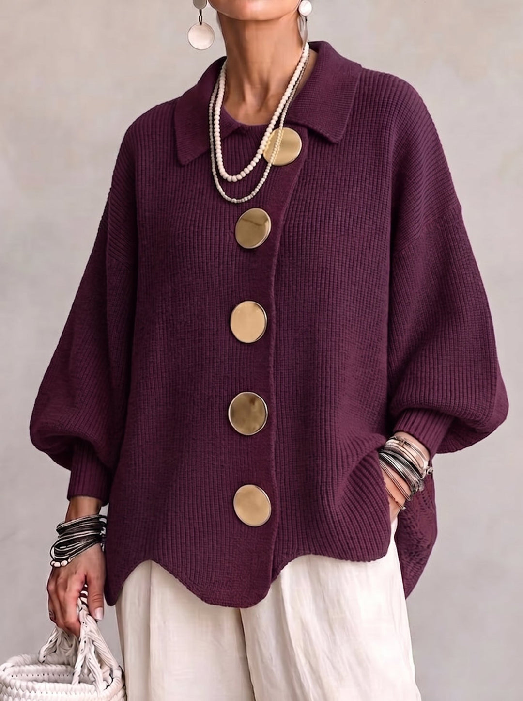 Lianea - Long Sleeve Collared Button Up Knit Cardigan